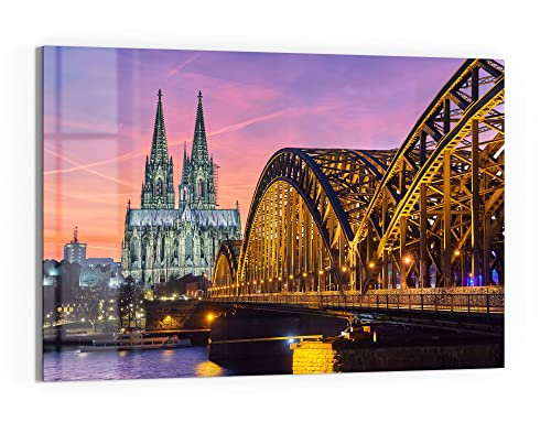 DEQORI Glasbild Echtglas | Motiv Kölner Wahrzeichen abends | horizontal einteilig 90x60 cm | schöne Dekoration | Wandbild für Wohnzimmer, Schlafzimmer, Flur & Küche | moderne Wanddeko