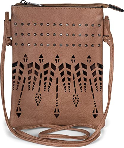 styleBREAKER Damen Mini Bag Umhängetasche Ethno Style und Nieten, Schultertasche, Handtasche, Tasche 02012260, Farbe:Braun