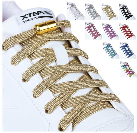Olukssck 2 Pares Cordones Elasticos Zapatillas Deporte para Niños y Adultos, Cordones Elasticos 6 mm de Ancho Sin Nudos con Hebilla Metal, No es Necesario Atar Cordones de Zapatos, 110cm, Dorados