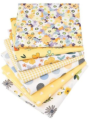 SHTGOI 7pcs Patchwork Baumwolle Stoffe Paket Gelb Stoffpaket Stoffreste Paket Handwerk Bedruckte Stoffstreifen Nähstoffe Meterware Baumwolltuch für Kleidung Bettwäsche Vorhänge Tischdecken 50 * 40cm