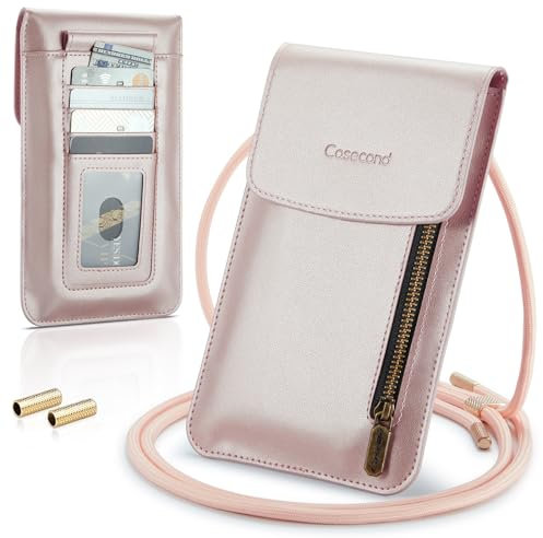 Casecond Handytasche zum Umhängen mit Geldbörse Damen Herren Kleine Leder Crossbody Universal Handy Tasche Pouch Umhängetasche Handtasche Handykette für iPhone 15 14 13 11 Samsung Bis zu 7.5 Roségold