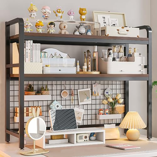 KMQRDZi 2 Tier Desktop Bücherregal für Computer-Schreibtisch, Holz Arbeitsplatte Hutch Bücherregal, Computer-Schreibtisch Regal Mit multifunktionalem Drahtgitter-Organizer (115cm breit)