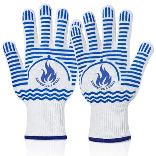 Oven Gloves BBQ Gloves, Xndryan 250°C Heat Resistant Gloves Oven Gloves with Fingers Barbecue Gloves Oven Mitts Non-Slip Heat Proof Gloves for Grilling, Baking, Cooking - Blue