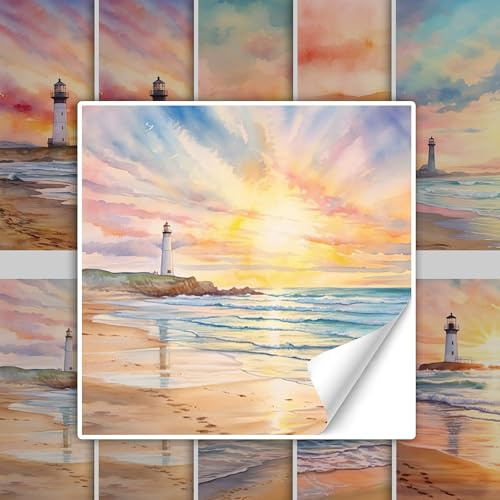 GRAZDesign Fliesenaufkleber Bad & Küche, maritim Sonnenuntergang Leuchtturm Klebefliesen selbstklebend - 15x15cm / 10 Stück