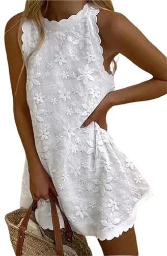 PFKXQBXC Vestito Donna Elegante Abito Senza Maniche da Donna Elegante Cuffia Rotonda Sciolta Mini Abito in Pizzo-Bianco-M