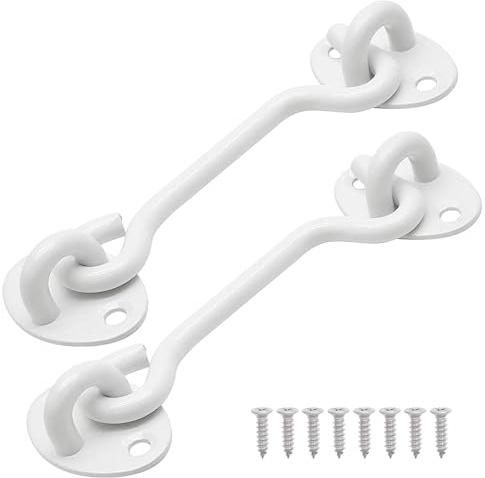 AUSYIWI 6inch Hook Locks 2 Pack - White Steel Door Latch Hooks for Doors, Windows, Gates & Sheds