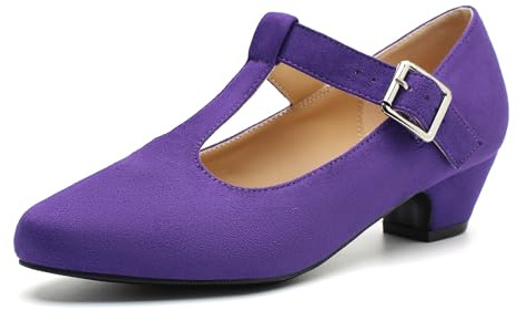 MAIERNISI JESSI Women's T-Strap Mary Jane Pumps, Low Block Heel, Buckle Closure Purple Suede 42 - US 9
