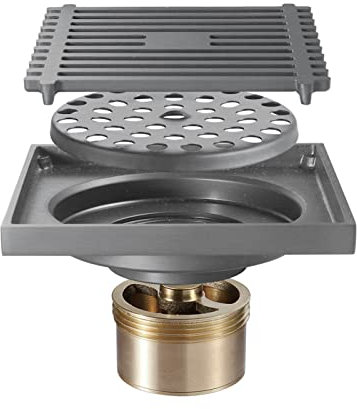 XFMZFUBD Messing-Duschbodenablauf mit Abnehmbarer Abdeckung, Duschablauf, Haarfänger, Sieb for Küche, Badezimmer, Garage, Keller und Toilette, quadratischer Bodenablauf – Champagnergold(Gris)