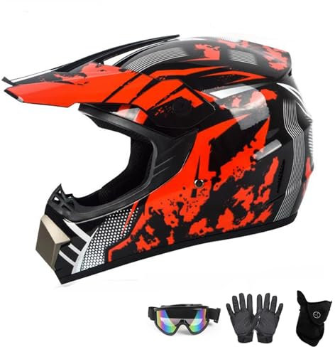 Casque Cross Enfant,Casque de Motocross pour Les Adolescents,Casque VTT Moto De Cross Enfants Quad Bike Vélo De Montagne Casque avec Gants Lunettes Masques(A,S(52~53cm))