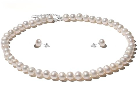 YAMI Perlenkette Set Damen (Halskette+Ohrringe), 8-9mm Süßwasserperlenkette, Perlenohrringe Silber 925, Perlenschmuck Silber 925 Set Damenschmuck für Jeden Anlass