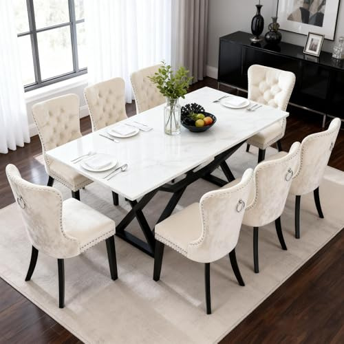 ARTETHYS Esszimmerstühle 8er Set Samt Gepolstert Nagelkopf-Verzierung,Beige | Mit Eichenbeinen, Tragkraft 150 kg, Chesterfield-Hoher Rückenlehne, für Esszimmer & Wohnzimmer, 50x54x94 cm