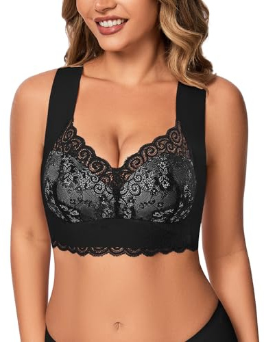 WOWENY Damen Spitzen BH ohne Bügel Bequemer Bügelloser Bustier ohne Verschluss Große Brüste Lace Bralette Gepolstert T Shirt BH Comfort Schlaf Bra(Schwarz, XL)