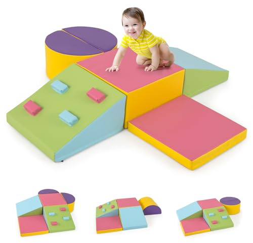 COSTWAY 6 TLG. Schamstoff Bausteine Kinder, Softbausteine mit Kletterfelsen zum Klettern & Krabbeln, Riesenbausteine aus Schaumstoff, Großbausteine Kletterblöcke für Innenbereich (Bunt)