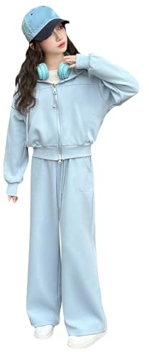 amropi Niña Sudadera Chaqueta con Capucha y Pantalones de Chándal Conjunto de Traje Azul,10-11 años