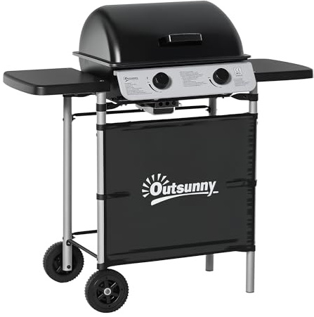 Outsunny Barbecue Gaz 2 Brûleurs en Acier Inoxydable, Puissance 2,8 kW, Barbecue de Jardin, 2 Grilles en Chromé, 2 Étagères Latérales, 2 Roues, pour Camping, Balcon et Terrasse, Noir