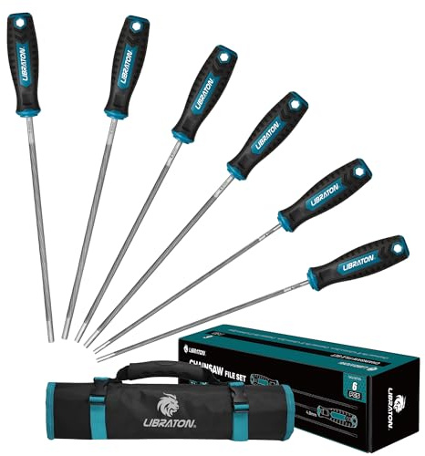 LIBRATON Chainsaw Sharpener File kit, 5/32, 3/16, 7/32 Chainsaw File Set, Universal Saw Chain Files, Round Saw Files, 6PCS Chainsaw Sharpener Files with Handle for Chainsaw Sharpening, with Pouch