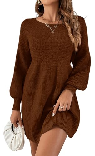 Saodimallsu Abito da donna a maniche lunghe con scollo rotondo, con maniche a palloncino, aderente in vita, elegante, in maglia, abito a pullover, abito a linea, miniabito, marrone, L