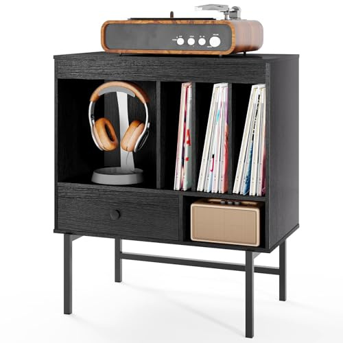 FANTASK Mobile in vinile moderno in legno, supporto per giradischi con supporto per album, scomparti aperti e cassetto, per soggiorno e sala musica, 70 x 36 x 80 cm (nero)