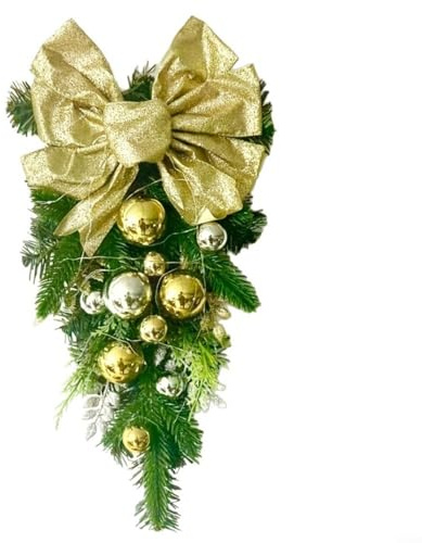ZMdooreasy Guirnalda de Navidad con forma de gota de lágrima, decoración de corona de pino artificial con bolas doradas y hojas de acebo, adorno floral crema para puerta de casa, pared, chimenea, 45