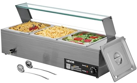 VEVOR Commercial Food Warmer, 1500W Electric Stainless Steel Steam Food Warmer with Glass Cover, 3-Pan Countertop Buffet Bain Marie with Soup & Perforated Ladles, for Catering, Restaurant & Party
