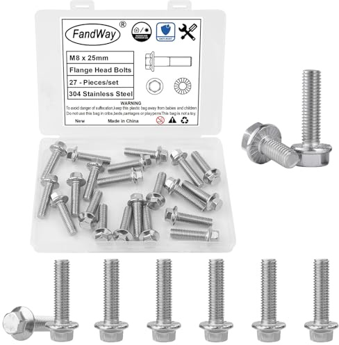 FandWay 27 Pièces Boulons A Bride Hexagonale,M8x25mm Vis à Tete Hexagonale avec à Bride,Vis Boulons a Bride en Acier inoxydable A2 (V2A / 304) .Filetage Complet,Pas de Filetage de 1,25mm.