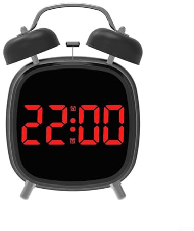 Mechanical Ringing Alarm Clock with Modern LED Display for Bedroom and Workplace, 3 AAA Batteries Required (Black R)