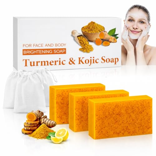 Lot de 3 Savon Curcuma Visage et Corps avec 3 Filets Moussants, Kojic Acid | Acide Kojique Eclaircissant Anti-Taches Brunes, Acne, Hyperpigmentation.