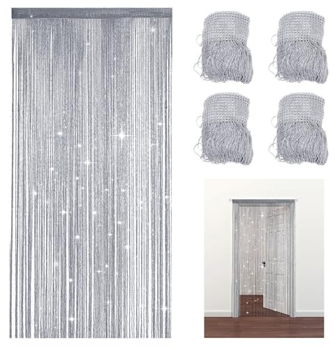 4 Stück Fadenvorhang Türvorhang, 100 x 200cm Türvorhang Fensterdekoration Raumteiler Dekoration Perlenvorhang Fadengardine für Türen & Fenster, Terrasse, Schlafzimmer, Hochzeit, Party Deko (Silber)