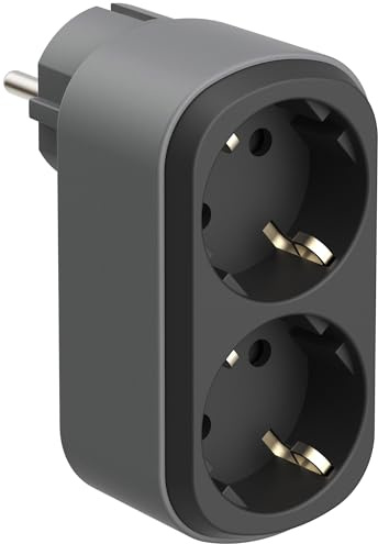 Electraline 55096 Prima Dubbeladapter 2 Uttag 16A (2P+E) Schuko Front, 2 Schuko Uttag Grenuttag, Svart/Grå
