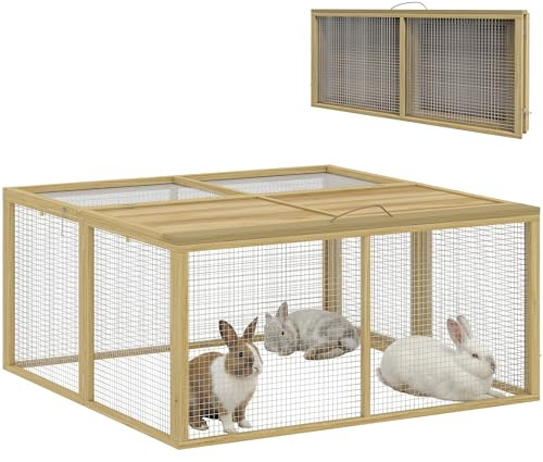 PawHut Enclos Lapin Extérieur Pliable Parc Lapin 120x120x57cm Naturel | Toit Ouvrant Total, Cage Lapin Intérieur, Poignée, Sol sans Fond, 1,15㎡, pour 2-3 Cochons d'Inde