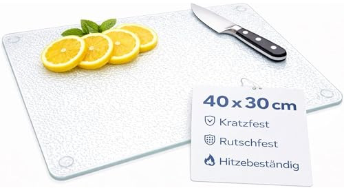 getgastro Uppsättning av 1 skärbräda i glas – 40 x 30 cm – halkfri med fötter, glasskärbräda utan mikroplaster, hygienisk köksbräda, reptålig och värmebeständig yta