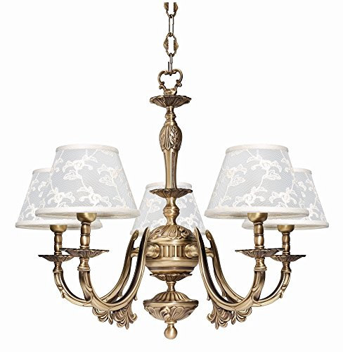 Licht-Erlebnisse Premium Kronleuchter Hängeleuchte aus Messing bronziert Weiß Jugendstil E14 bis 60W 230V Stoff bestickt Wohnzimmer Esszimmer Lampe Leuchte innen Pendelleuchte Pendellampe Hängelampe
