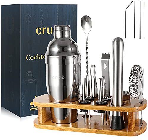 Cocktail Shaker Kit 12 Piece with Stand as Used by Professional Bartenders. The Silver Stainless Steel Comes with a Boston Shaker 750ml. Complimentary Straw kit, Ready for Your Favourite Drinks.