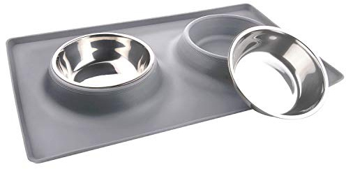 MOACC Fressnäpfe für Hunde und Katzen, 2 x 400ml Edelstahl Doppel Napf Schalen mit Nicht kleckern Rutschfesten silikon tablett Matte Reisen Schüssel Haustier Lebensmittel Wassernapf
