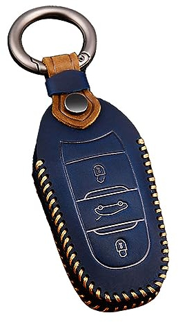 ontto Rindsleder Autoschlüssel Hülle Cover für Opel Peugeot 208 308 2008 508 Citroen DS3 DS4 DS5 DS6 C4 Picasso Schlüsselhülle mit Schlüsselanhänger Schlüssel Schutz Etui Fernbedienung 3 Taten-Blau