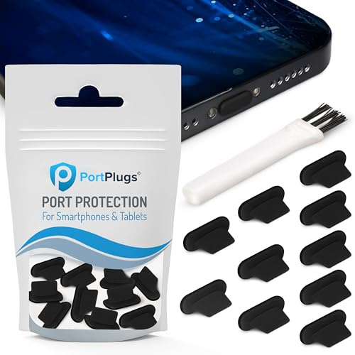 PortPlugs Anti Dust Plugs (10 Pack) - includes Charging Port Cleaning Brush - Flat Design Port Protector Cover - Compatible w/iPhone 14, 13,12,11 & Air Pods - Black | Helps block dust, lint and debris, helps support reliable charging, low profile fit, durable flexible construction