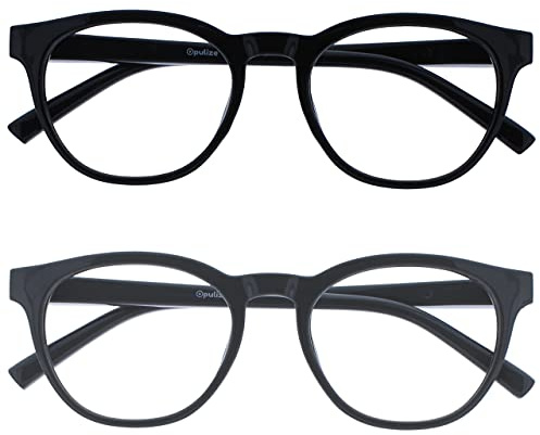 OPULIZE BLU Blaulichtfilter Lesebrille für Damen Herren, Blendfreie UV400-Schutz Federscharnier Anti-Müdigkeit, Runder Rahmen, Computerbrillen Gaming, 2er-Pack Schwarz Grau +0,00