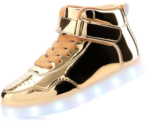 APTESOL Scarpe per Bambini con luci a LED per Ragazzi Ragazze Sneakers Alte Ricaricabili USB [Oro, EU32]