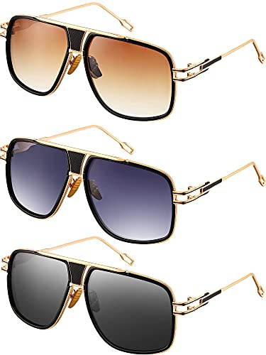 Frienda 3 Pairs Retro Sunglasses for Men Oversized Men Shades Glasses Fashion Alloy Metal Gold Frame Polarized Sun Glasses(Gray/gradient Gray/gradient Brown)