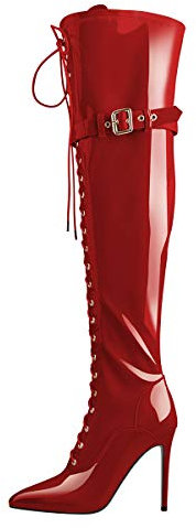 Only maker Damen Overknees Stiefel Stiletto Spitze Zehen Lack Stiefel mit Schnürung und Reißverschluss Schnallen Metallic Rot 37 EU