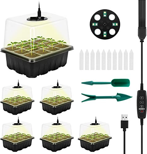 RIOGOO 6 Pack Seed Starter Tray with Grow Light, Timing Seed Starter Kit with Adjustable Brightness & Humidity,Greenhouse Germination Kit for Seed Growing Starting (12x6,72 Cells)
