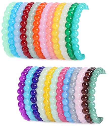 FIRAZIO 24Pcs 8mm Beaded Bracelet for Women Mens Handmade Glass Beads Bracelet Colorful Crystal Bracelet Elastic Round Bead Bracelets Jewelry