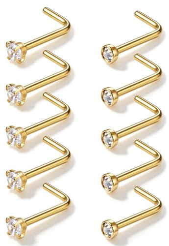 AccGin 6-10Pcs 18G 20G Nose Ring Surgical Steel Nose Rings Studs Piercing For Women Men 1.5mm 2mm 2.5mm 3mm Round Diamond CZ L Shaped Corkscrew Gold Black Silver Nose Piercing Hypoallergenic