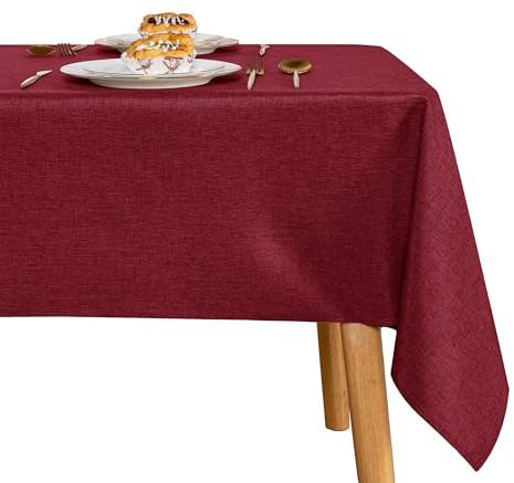 JIUZHEN Wasserabweisend Tischdecke Abwaschbar Leinenoptik Tischdecken | Tischtuch Eckig Lotuseffekt Kratzfest Wohnzimmer Esszimmer Balkon Garten 110x140 cm Rot