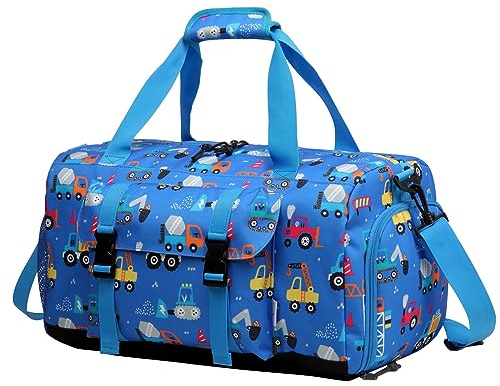 Kasgo Sac de Voyage Enfant, 26,5L Grande Sac de Sport Garçon Fille Imperméable Sac de Bagage à Main Multifonctionnel avec Housse Bagage et Compartiment à Chaussures Camion Bleu