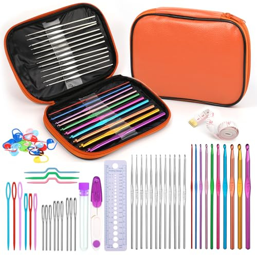 Ruasol 60-teiliges Häkelnadel-Set, Ergonomischer Häkelnadel Orange | Handnähnadeln mit Aufbewahrungsbox, Ergonomisches Häkelset, Anfänger-Häkelset für Bastelkunst und Arthritische Hände