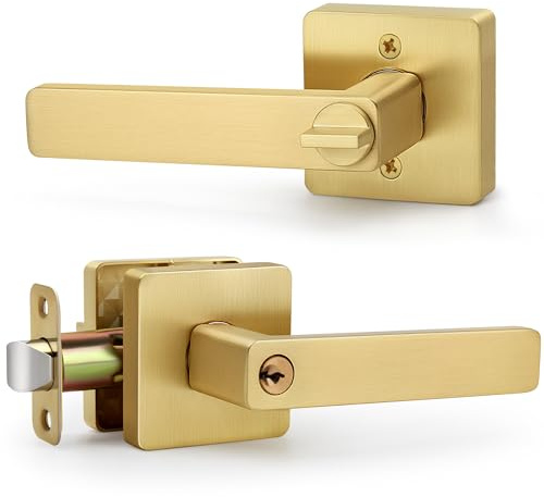 LOQRON Square Gold Door Handles with Lock and Key (Keyed Differently), Brushed Gold Reversible Door Lever, Heavy-Duty Interior/Exterior Gold Door Handle for Bedroom and Bathroom, Satin Brass, 1 Pack