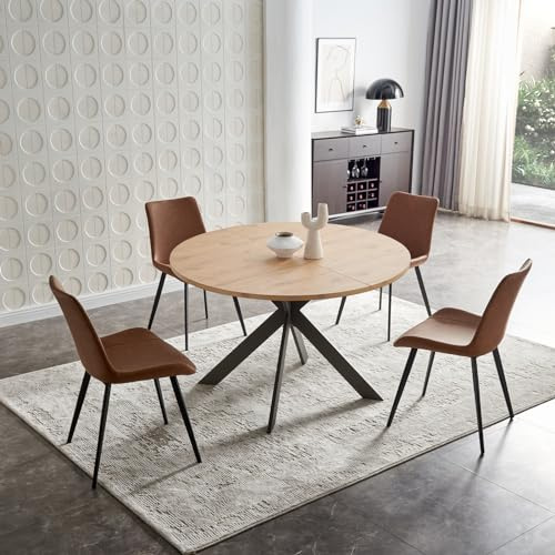 Zerifevni Mid Century Modernes rundes Esstisch-Set, 117,9 x 76,2 cm, 4 braune Stühle aus PU-Leder, Tischplatte aus Eiche, Beine aus Karbonstahl