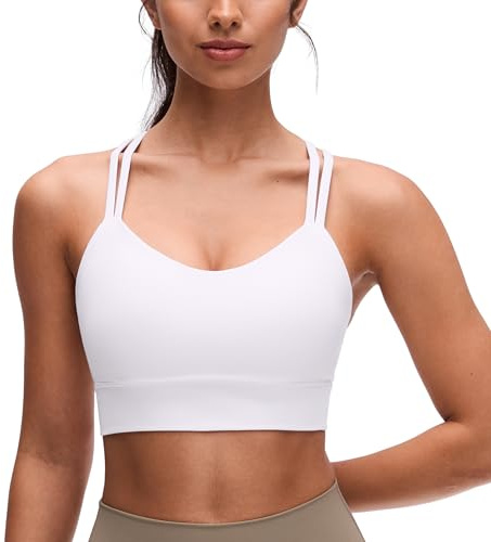 CRZ YOGA Softness Mold Butterluxe Strappy Longline Sports Bras for Women - Double Spaghetti Strap Workout Yoga Crop Top White Large