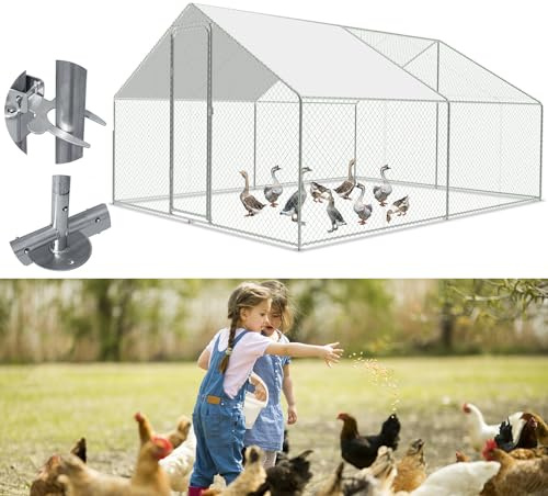 Fiqops Hühnerstall, 3x4x2m Hühnerhaus Freilaufgehege mit Sonnenschutzdach Wasserdichtes PE-Farbtuch, Verzinkter Stahl Kleintierstall Hühnerhaus Dach Geflügelstall Hühnerkäfig